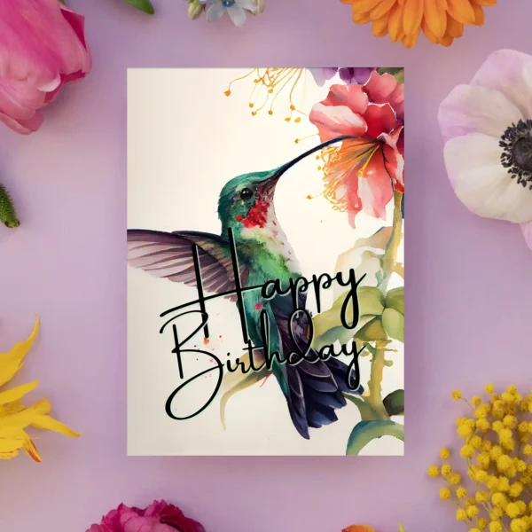 Printable birthday card with a green hummingbird and floral design, illustrated in watercolor style.