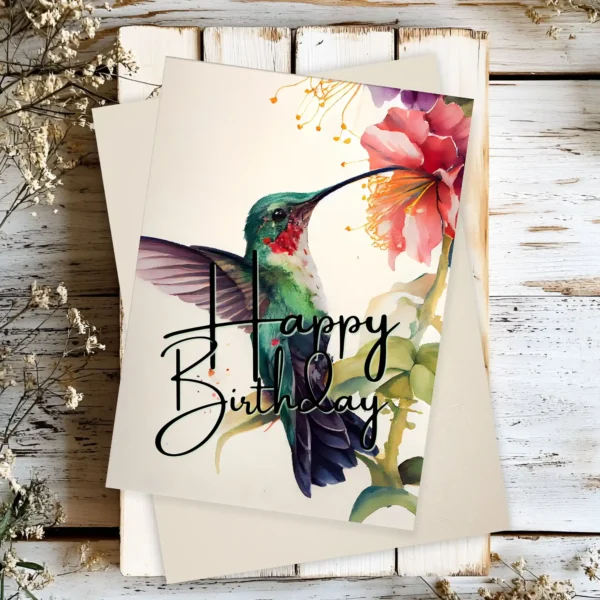 Charming watercolor birthday card showcasing a green hummingbird surrounded by colorful flowers.