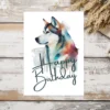 Colorful watercolor card featuring a happy Siberian Husky, perfect for sending birthday wishes to dog enthusiasts.