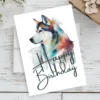 Cheerful watercolor birthday card with a Siberian Husky, designed to bring smiles on a special day.