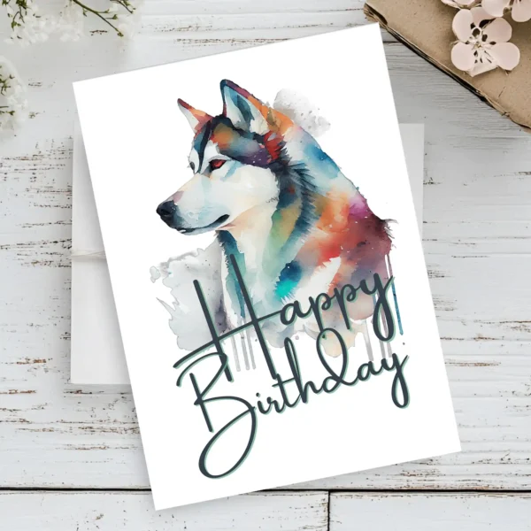 Cheerful watercolor birthday card with a Siberian Husky, designed to bring smiles on a special day.