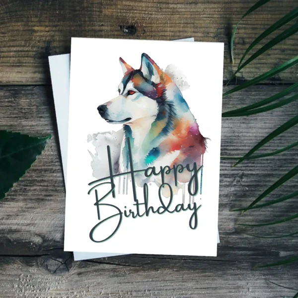 Printable birthday card with a playful Siberian Husky in watercolor, bringing joy to any birthday celebration.