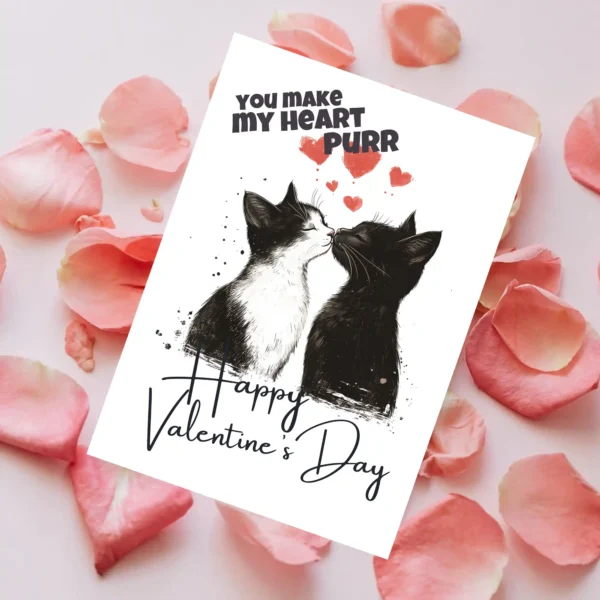 Cute Valentine's Day card with two cats kissing, captioned "You Make My Heart Purr," perfect for cat lovers.