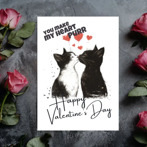 Adorable Valentine's card showing kissing cats, with the phrase "You Make My Heart Purr" for a sweet touch.