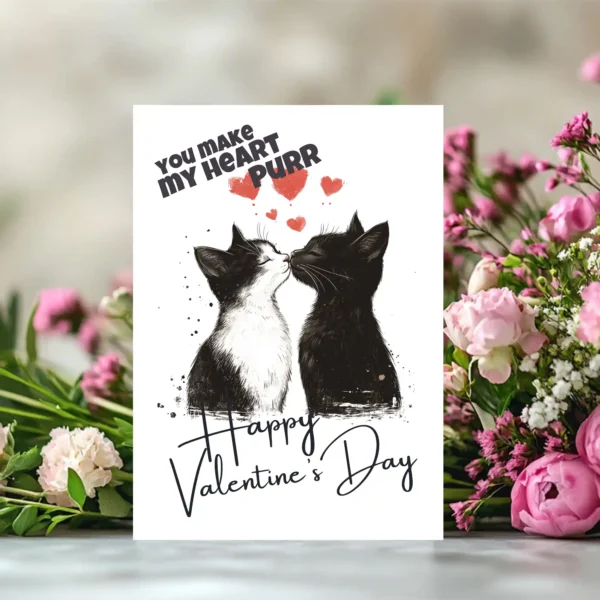 Printable Valentine's Day card featuring two kissing cats with the text "You Make My Heart Purr."