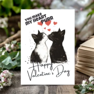 Charming Valentine's Day card depicting two cats kissing, featuring the message "You Make My Heart Purr."