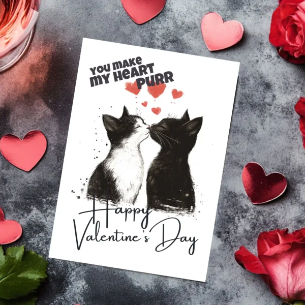 Whimsical Valentine's card with two cats sharing a kiss, saying "You Make My Heart Purr," ideal for feline fans.