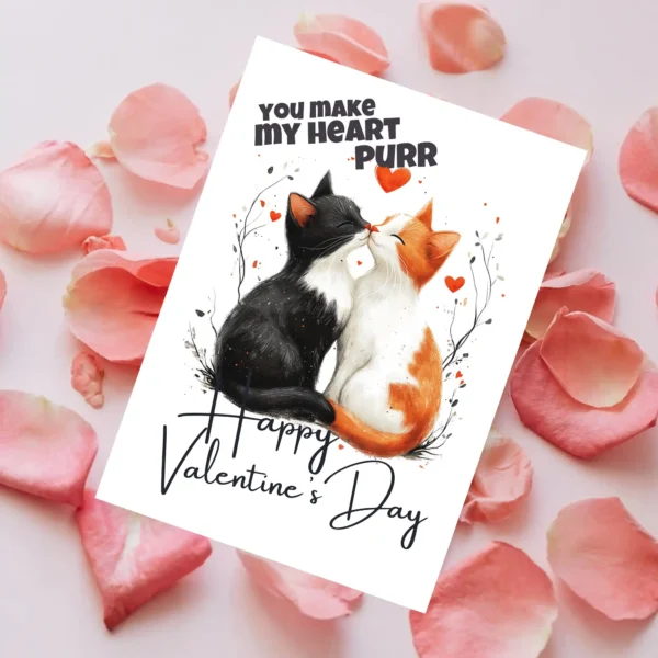 Cute Valentine's Day card with two cats kissing, captioned "You Make My Heart Purr," perfect for cat lovers.