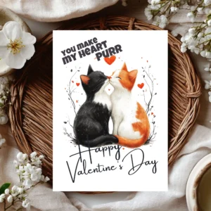 Adorable Valentine's card showing kissing cats, with the phrase "You Make My Heart Purr" for a sweet touch.