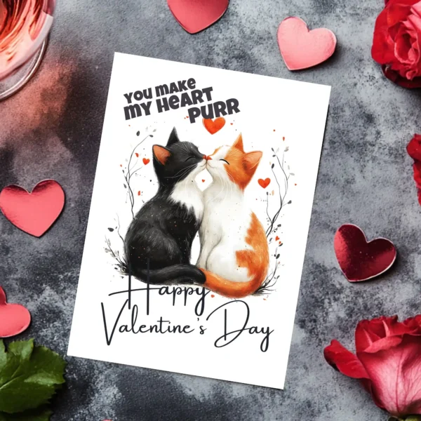 Whimsical Valentine's card with two cats sharing a kiss, saying "You Make My Heart Purr," ideal for feline fans.