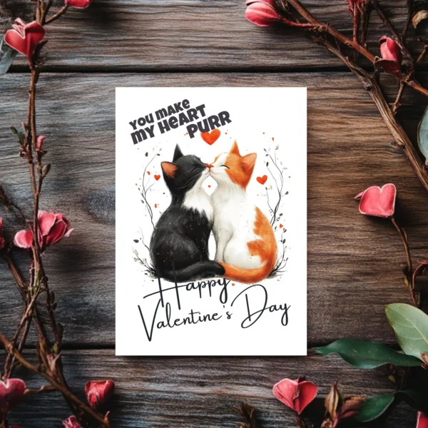 Printable Valentine's Day card featuring two kissing cats with the text "You Make My Heart Purr."