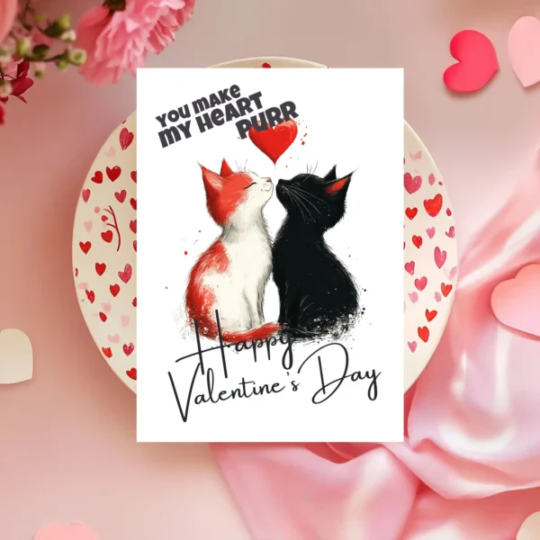 Charming printable card for Valentine's Day, showcasing kissing cats and the words "You Make My Heart Purr."