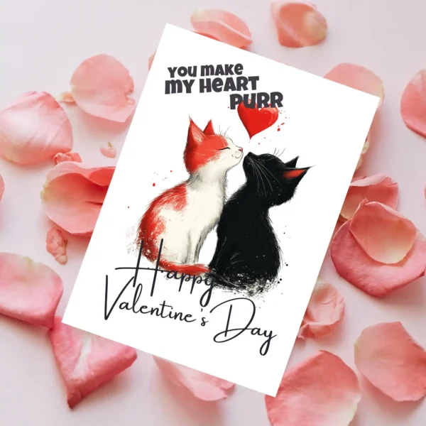 Printable Valentine's Day card featuring two kissing cats with the text "You Make My Heart Purr."