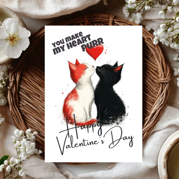 Cute Valentine's Day card with two cats kissing, captioned "You Make My Heart Purr," perfect for cat lovers.