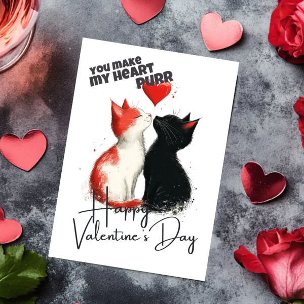 Adorable Valentine's card showing kissing cats, with the phrase "You Make My Heart Purr" for a sweet touch.