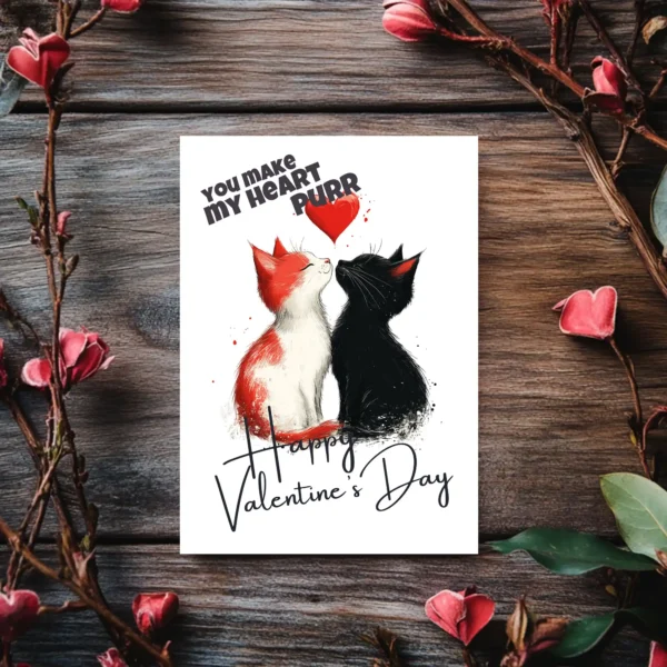 Valentine's Day card design featuring two affectionate cats and the message "You Make My Heart Purr."