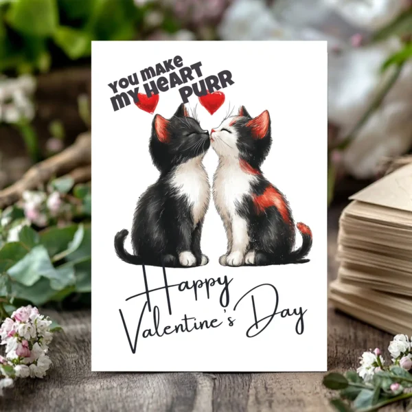 A Valentine card features two black and white kittens kissing, with the text, "You Make My Heart Purr."
