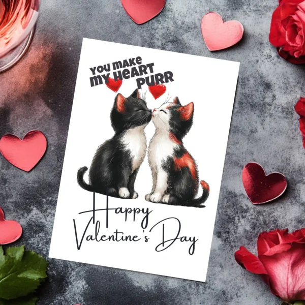 Two adorable black and white kittens share a kiss on a Valentine card reading, "You Make My Heart Purr."