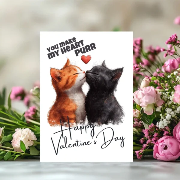 Adorable Valentine card with two cats kissing, featuring the phrase "You Make My Heart Purr" in a charming layout.