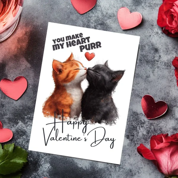 Sweet Valentine card illustrating two cats kissing, accompanied by the text "You Make My Heart Purr" in a lovely design.