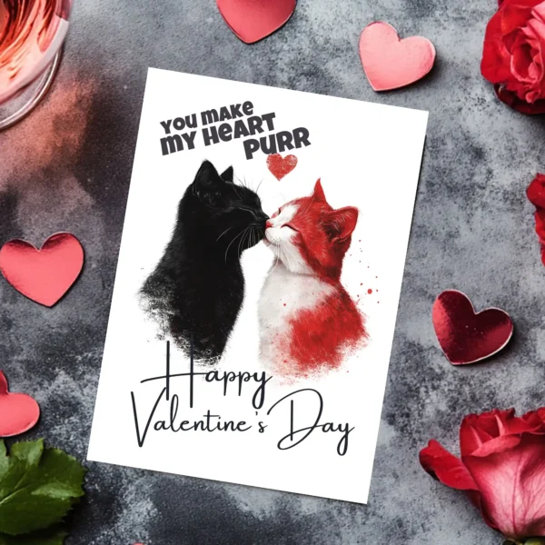Valentine's Day card design featuring two affectionate cats and the message "You Make My Heart Purr."