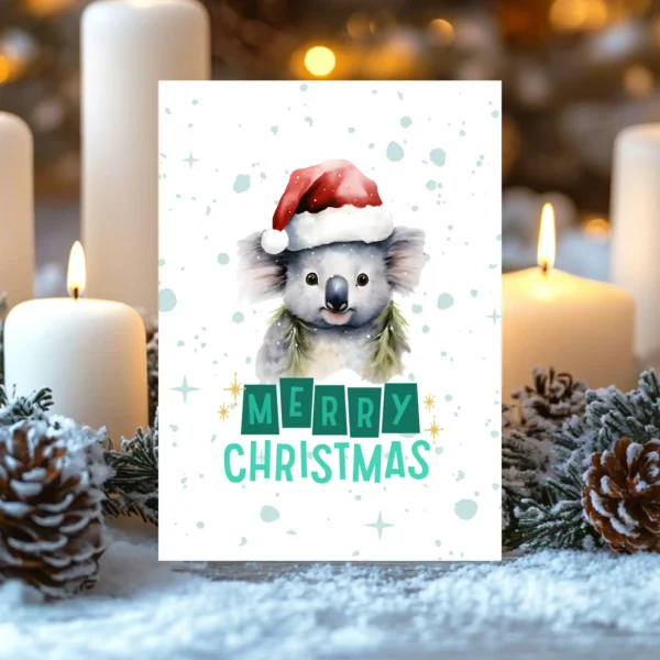 Adorable koala Christmas card template for printing, ideal for sending cheerful holiday messages.
