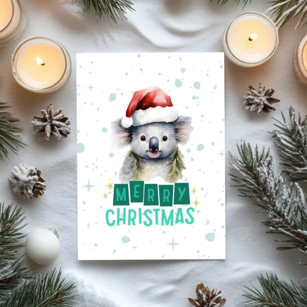 Printable Christmas card featuring a charming koala, designed for spreading holiday cheer.