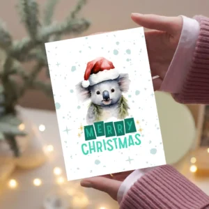 Printable Christmas card template featuring a cute koala design, perfect for holiday greetings.