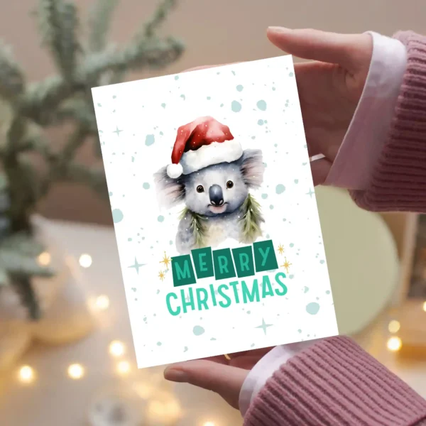 Printable Christmas card template featuring a cute koala design, perfect for holiday greetings.