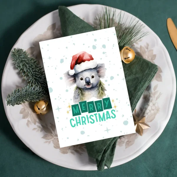 Festive koala-themed Christmas card template, ready for printing and sharing warm holiday wishes.