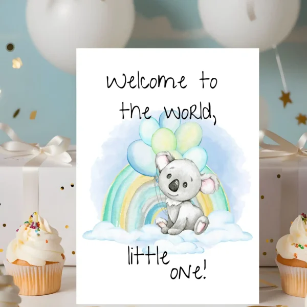 Charming baby shower card with a watercolor koala sitting on a cloud, surrounded by balloons and a rainbow, welcoming a little one.