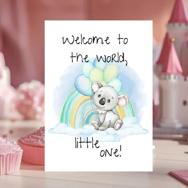 Sweet koala-themed baby shower card with a watercolor koala on a cloud, balloons, and a rainbow, saying "Welcome to the world!"