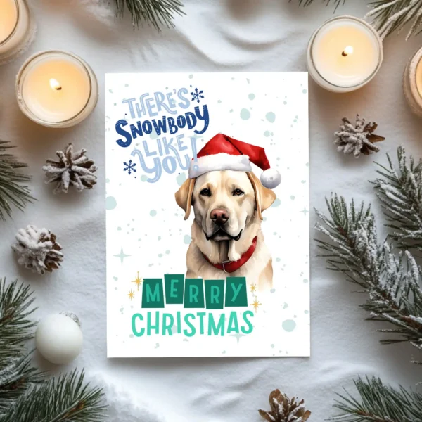 Festive Labrador dog card with snowflakes and cheerful holiday message