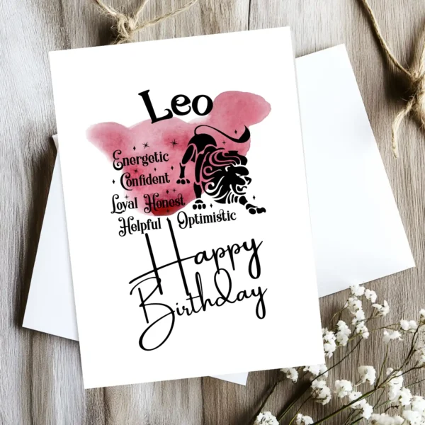 printable-leo-birthday-card-creatado-06 Leo birthday card with character traits, designed with a vibrant red watercolor background symbolizing the fire element.