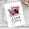 printable-leo-birthday-card-creatado-07 Colorful printable Leo birthday card showcasing character traits against a red watercolor backdrop for the fire element.