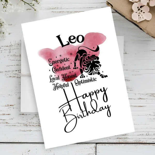 printable-leo-birthday-card-creatado-07 Colorful printable Leo birthday card showcasing character traits against a red watercolor backdrop for the fire element.