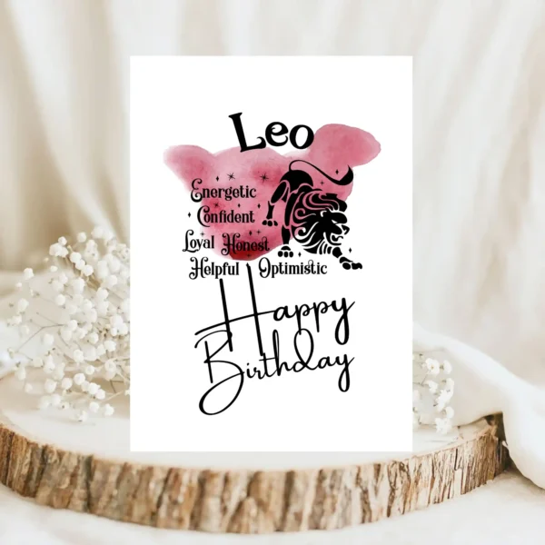printable-leo-birthday-card-creatado-18 Leo birthday card highlighting character traits, set on a striking red watercolor background that reflects the fire element.