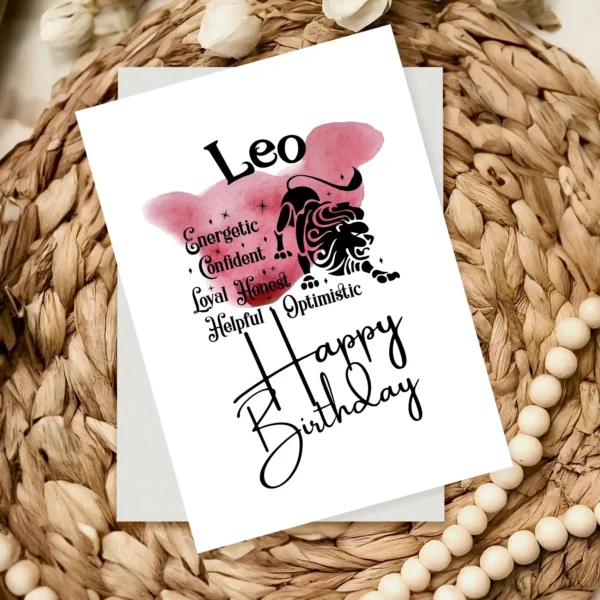 printable-leo-birthday-card-creatado-19 Festive Leo birthday card featuring character traits, adorned with a red watercolor background representing the fire element.