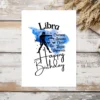 Beautiful Libra birthday card with character traits, featuring a serene blue watercolor background representing air.