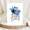 Printable Libra birthday card featuring character traits on a blue watercolor background representing the air element.