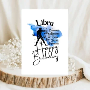 Printable Libra birthday card featuring character traits on a blue watercolor background representing the air element.
