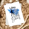 A printable Libra birthday card showcasing character traits against a calming blue watercolor background for air.