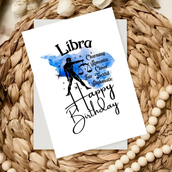 A printable Libra birthday card showcasing character traits against a calming blue watercolor background for air.