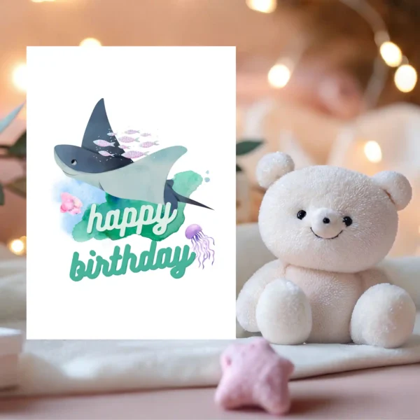 Unique sea-themed greeting card with manta ray and colorful fish