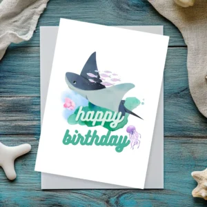 Printable underwater-themed card with manta ray and ocean background