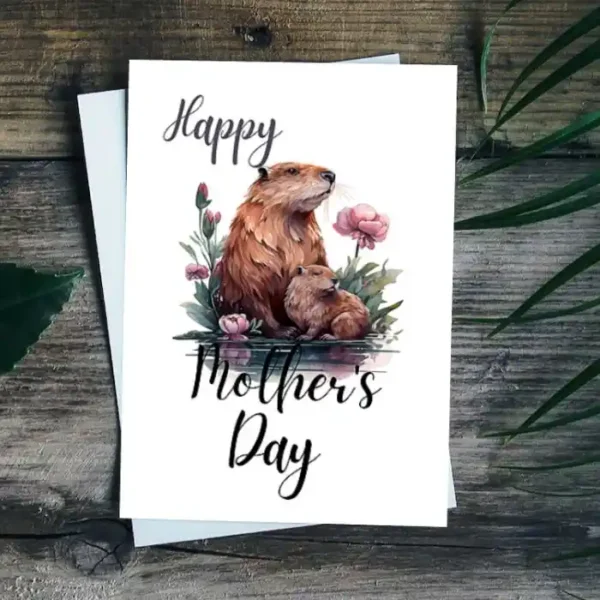 Adorable printable card for Mother's Day, showcasing a beaver and floral designs to brighten mom's day.
