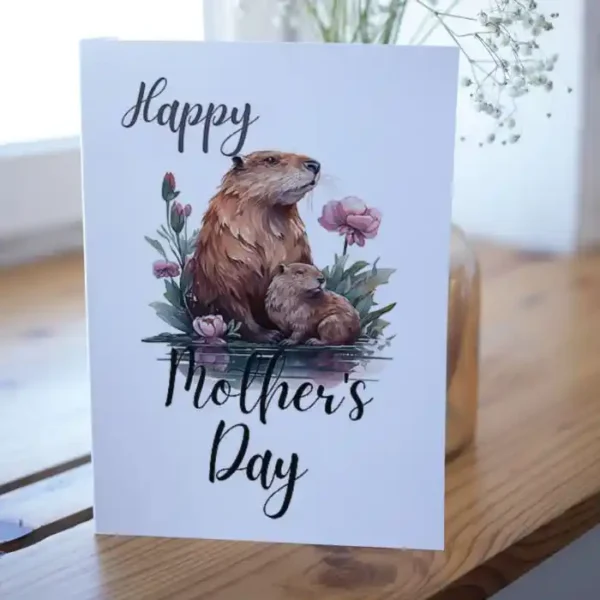 Cheerful Mother's Day card with a beaver and blooming flowers, perfect for printing.