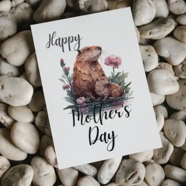 Adorable printable Mother's Day card showing a beaver with flowers around it.