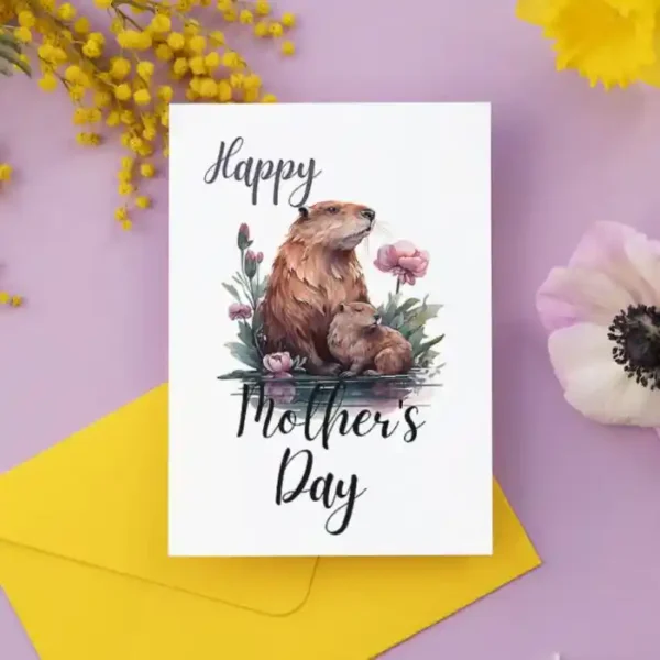 Make Mother’s Day extra special with a beautifully designed printable card featuring a cute beaver mom and one of her youngsters at the riverbank