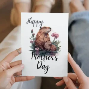 Charming Mother's Day card with a beaver and vibrant flowers, ideal for a heartfelt message to mom.